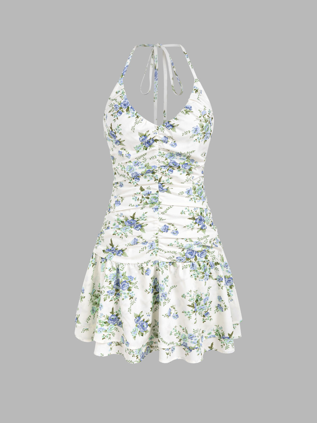 Halter V-neck Floral Layered Ruffle Hem Mini Dress