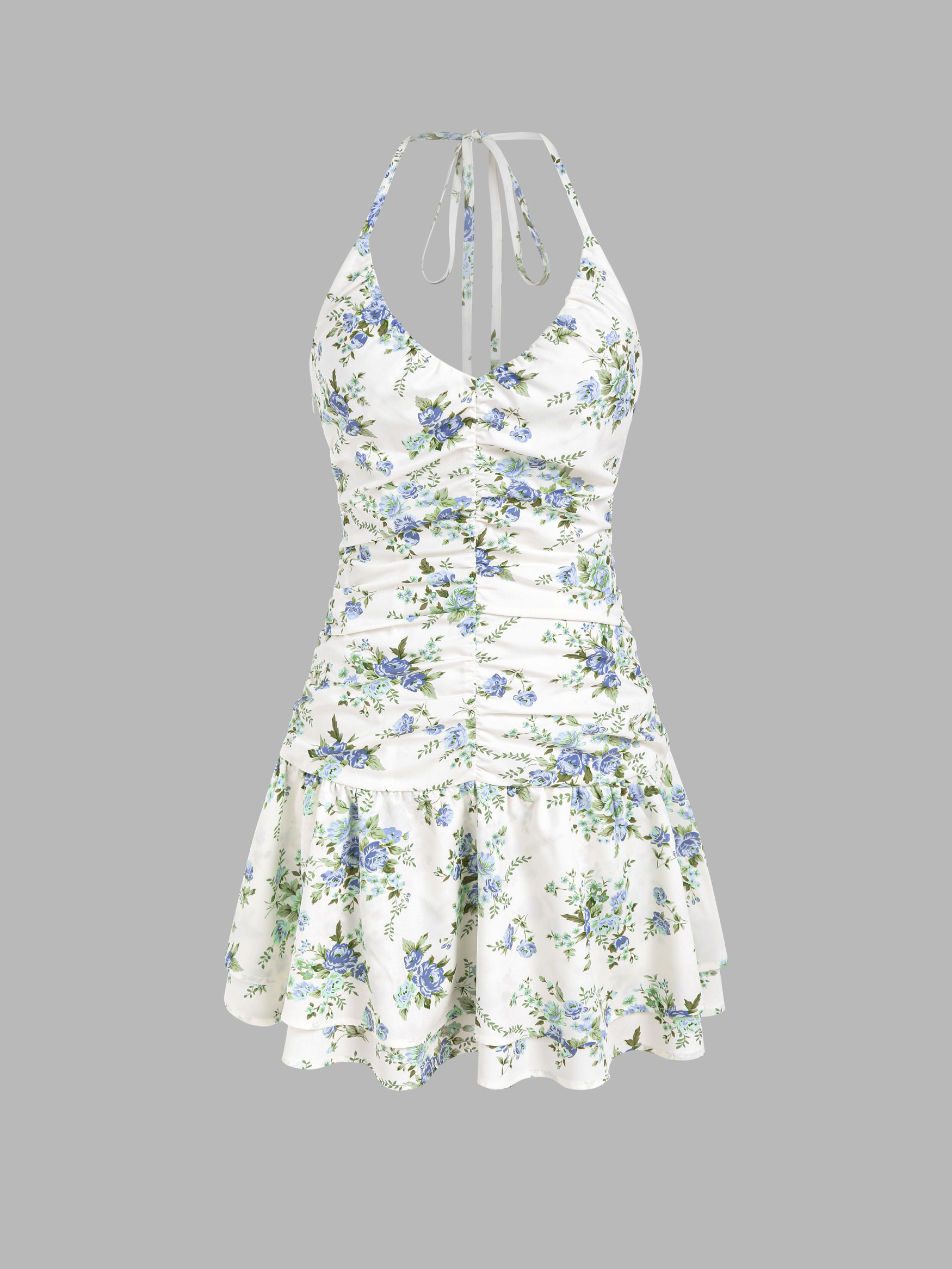 Halter V-neck Floral Layered Ruffle Hem Mini Dress