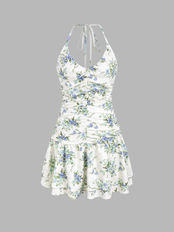 Halter V-neck Floral Layered Ruffle Hem Mini Dress