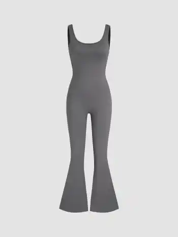 Square Neck Backless Ruched Flared Jumpsuit 