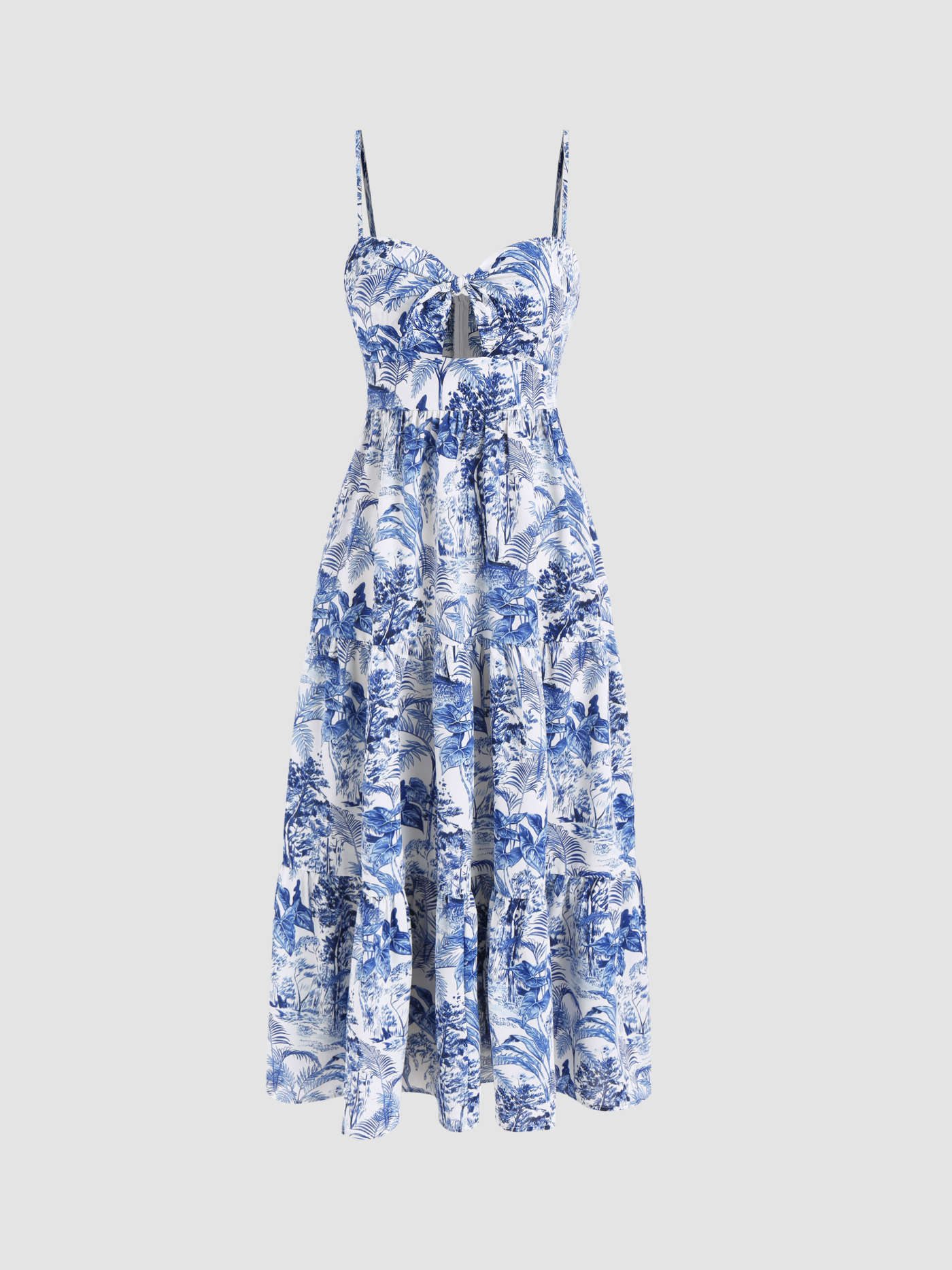 Santorini Beach Vacation V-neck Landscape Painting Cut Out Knotted Cami Midi Dress
