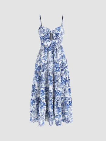 V-Ausschnitt Landschaftsmalerei Cut-Out Knoten Cami Midikleid
