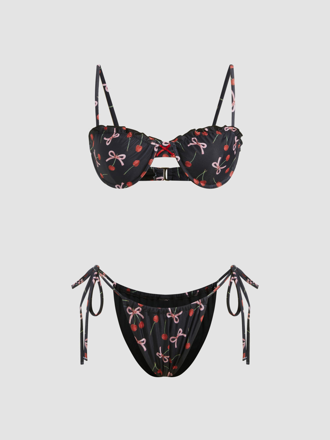 Cherry Bowknot Tie Side Underwire Bikini Set