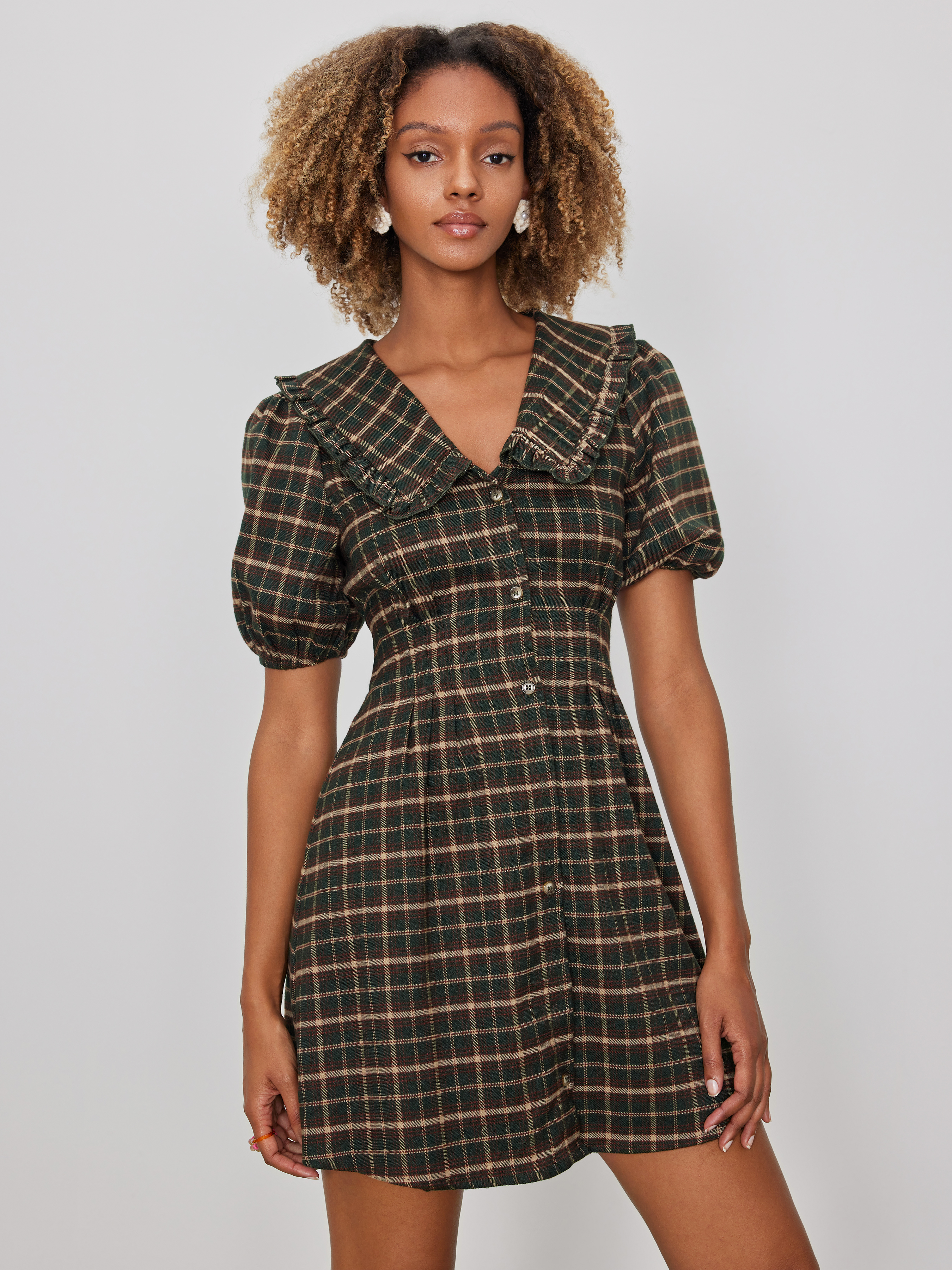 Sun Dresses Woven V-neck Button Plaid Mini Dress For Daily Casual Picnic