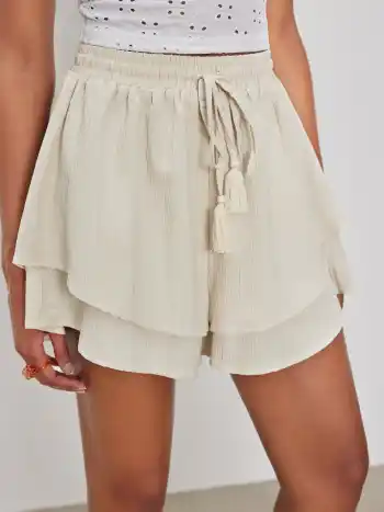Woven High Rise Lace Up Ruffle Hem Shorts