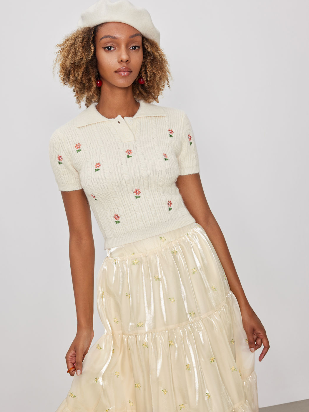POL Flower Patch Lace Sleeve Knit Top