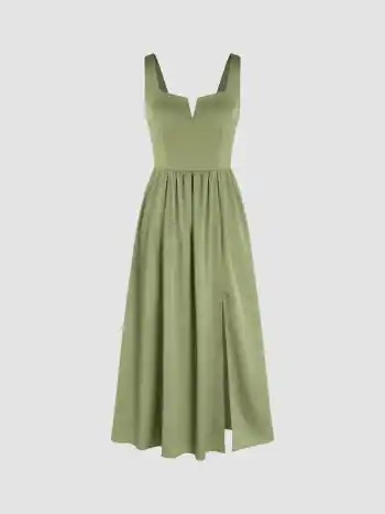 Gewebtes Midi-Kleid mit eckigem Ausschnitt und Rüschenschlitz