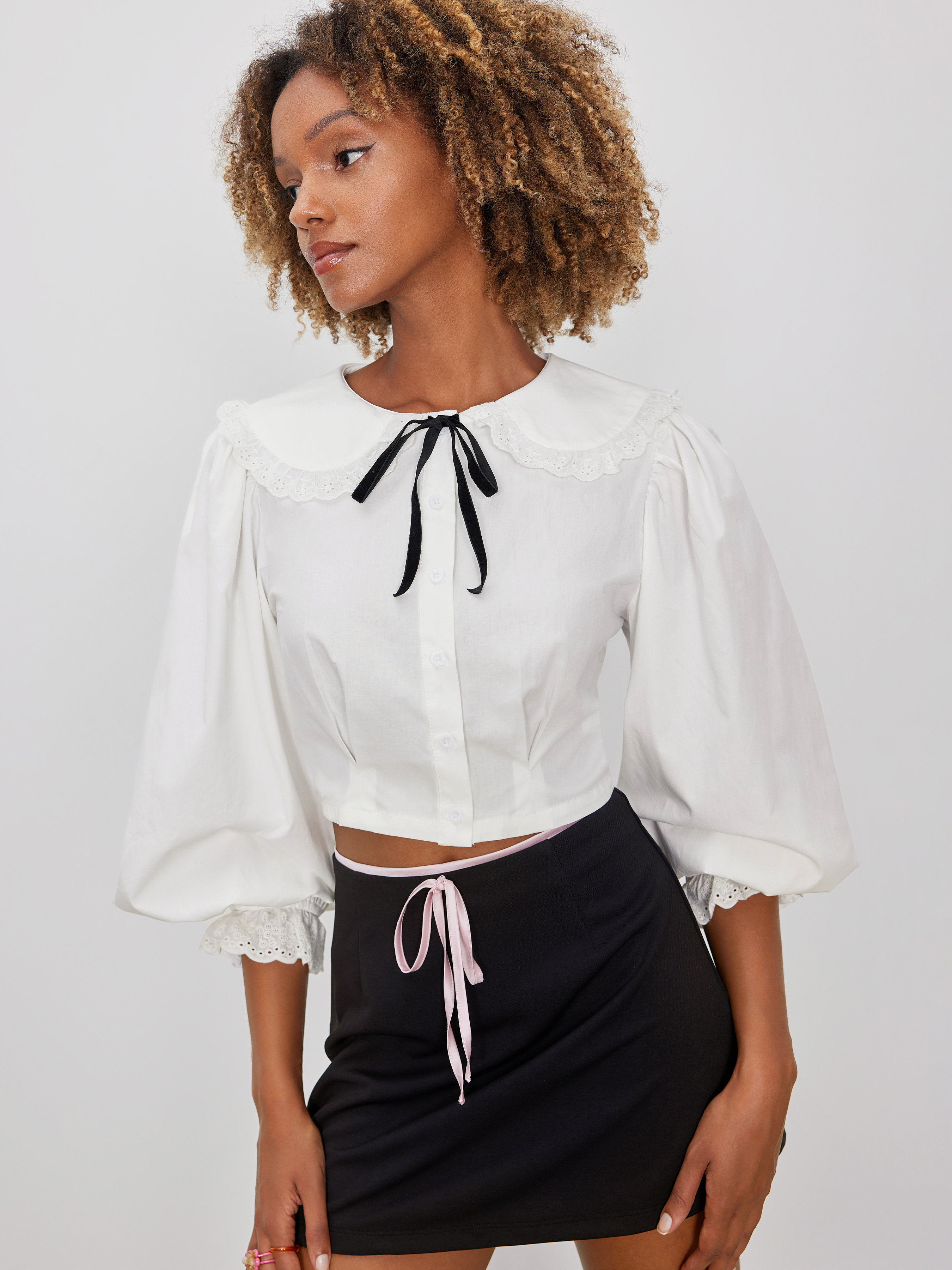 Doll Collar Lace Button Knotted Blouse - Cider