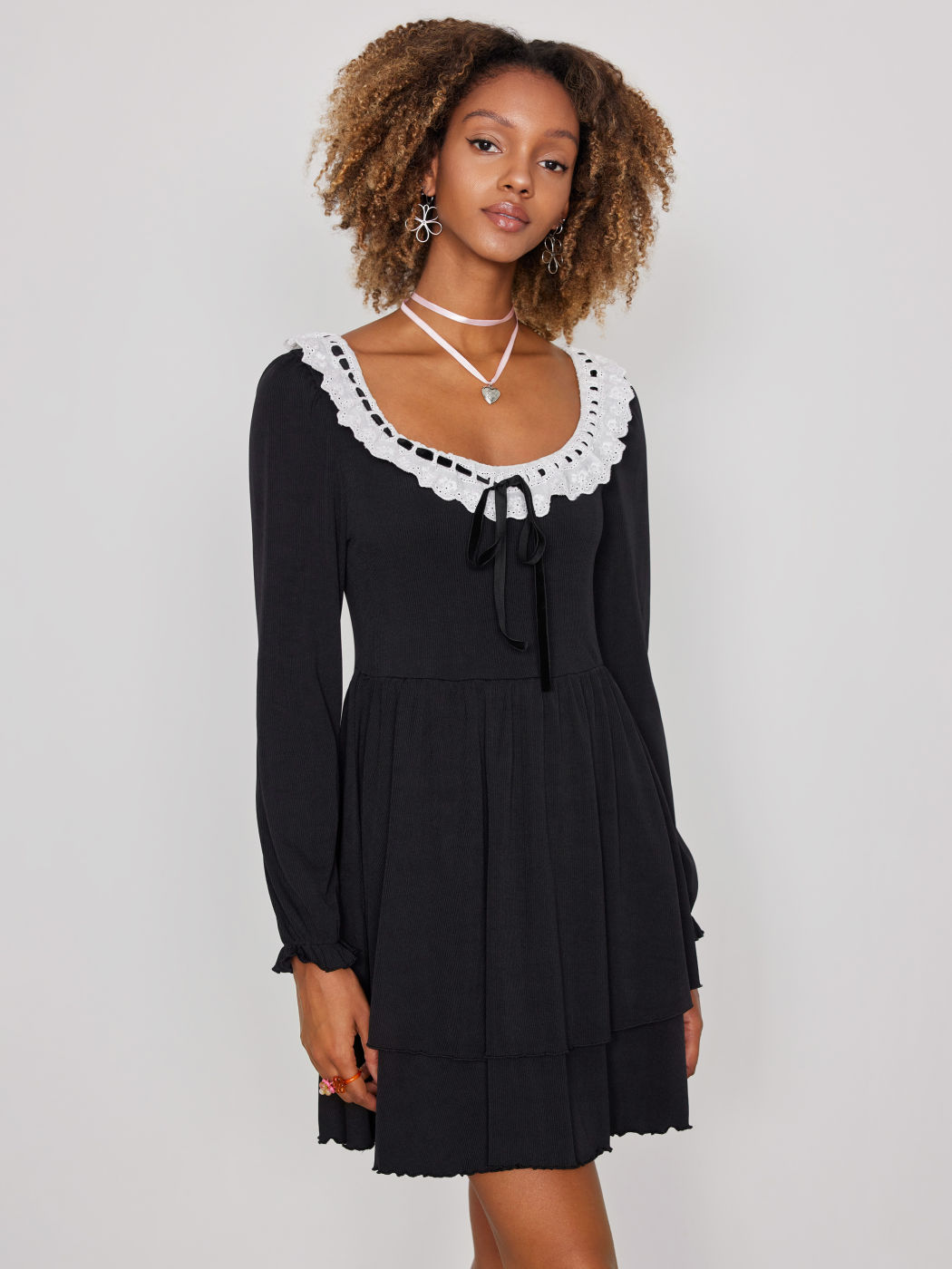 Scoop Neckline Bowknot Ruffle Hem Mini Dress