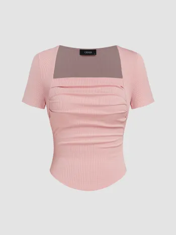 Square Neck Ruched Short Sleeve Tee
