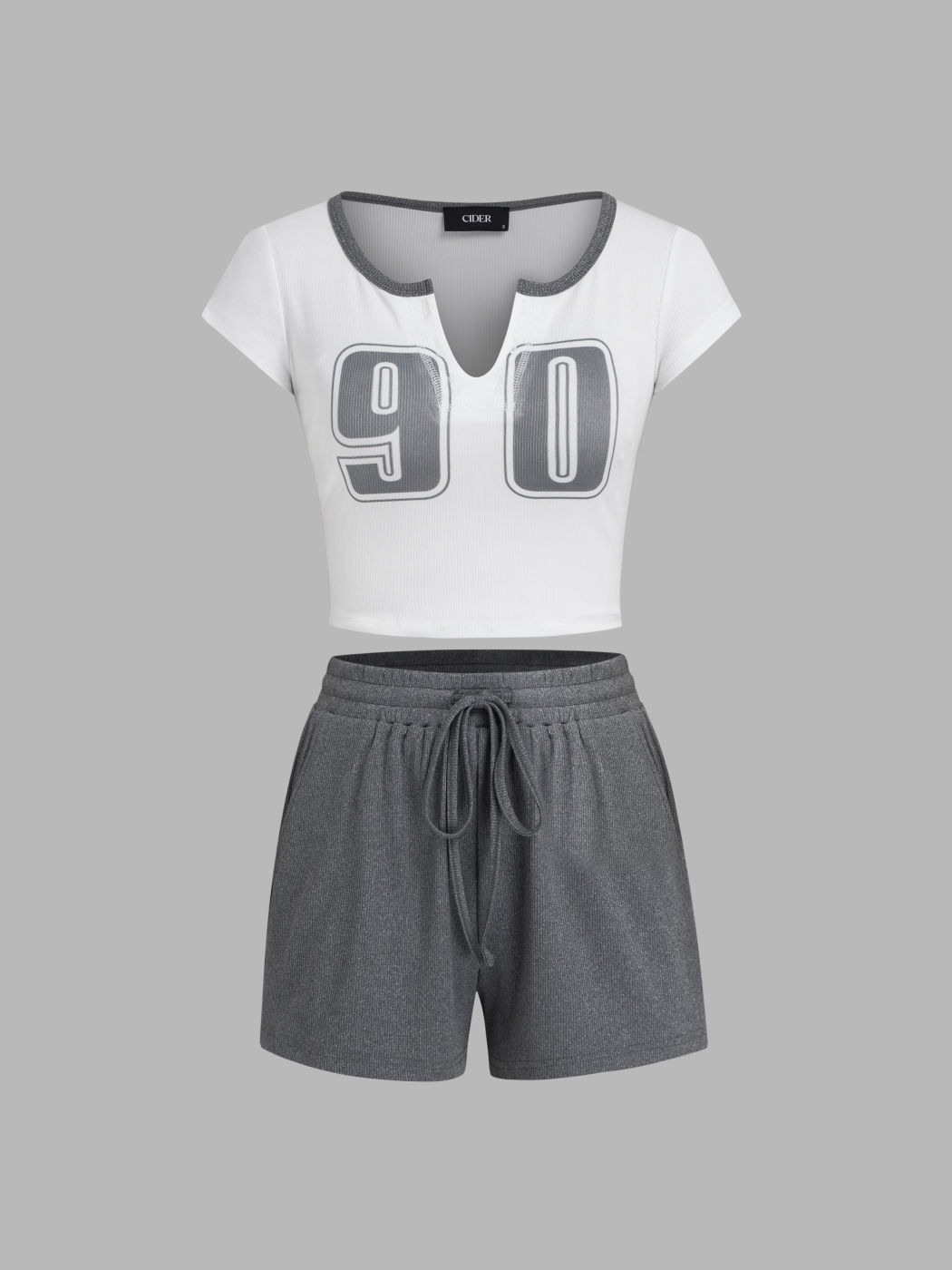 V-neck 90 Graphic Crop Top & Knotted Pocket Shorts