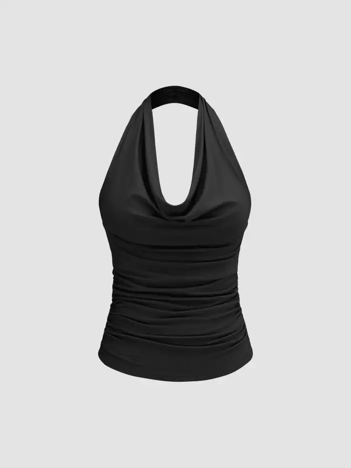 Tejido de punto Top halter con cuello en abanico y acanaladuras For Informal diario
