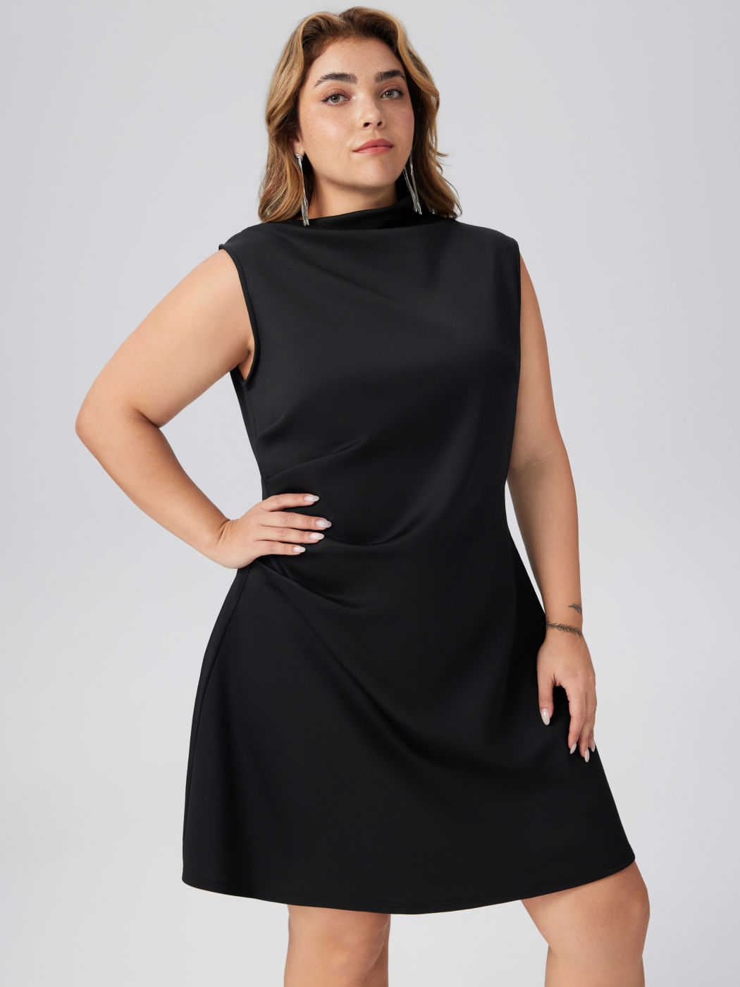 Turtleneck Sleeveless Ruched Mini Dress Curve & Plus