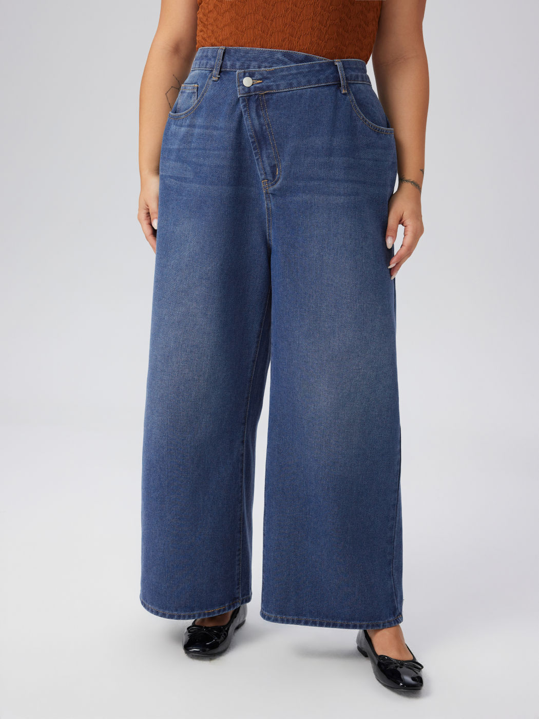 Denim Mittelbund Taschen Gerade Beine Jeans Kurve & Plus