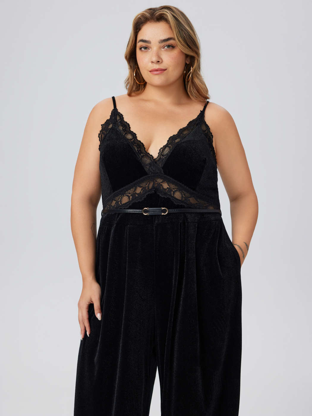 Velvet Velvet V-neck Lace Belted Wide Leg Jumpsuit Curve Plus
