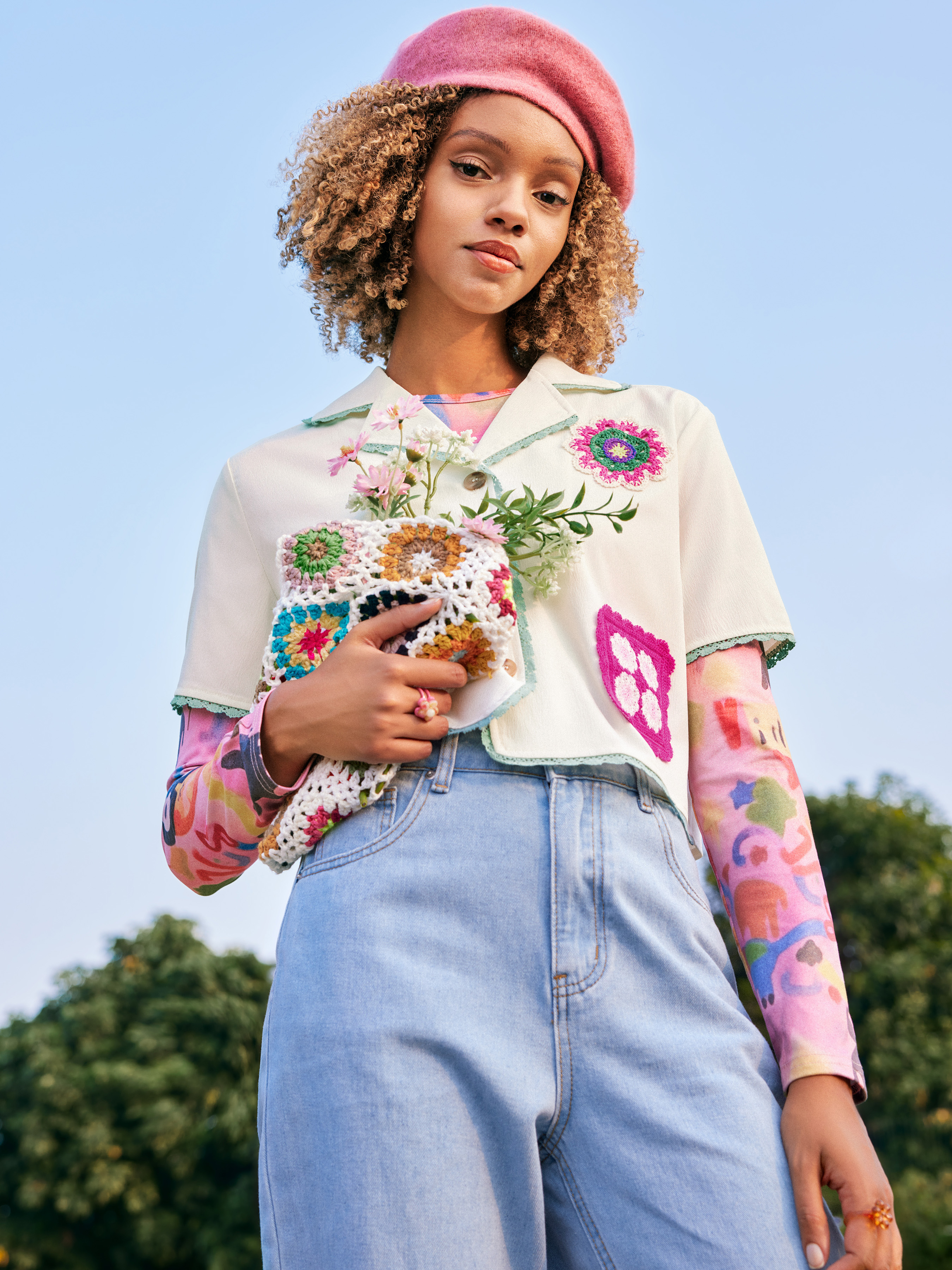 Jacquard Jacquard Sweetheart Floral Puff Sleeve Crop Blouse Jacquard Jacquard Sweetheart Floral Puff Sleeve Crop Blouse