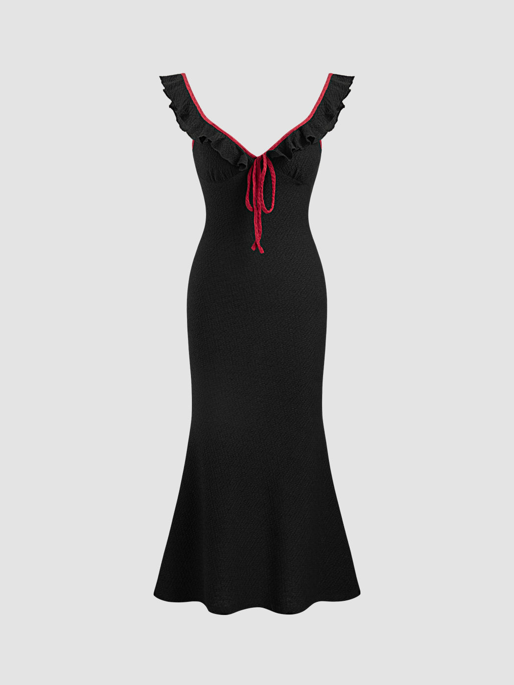 Jersey Lettuce Trim Knotted Mermaid Midi Dress