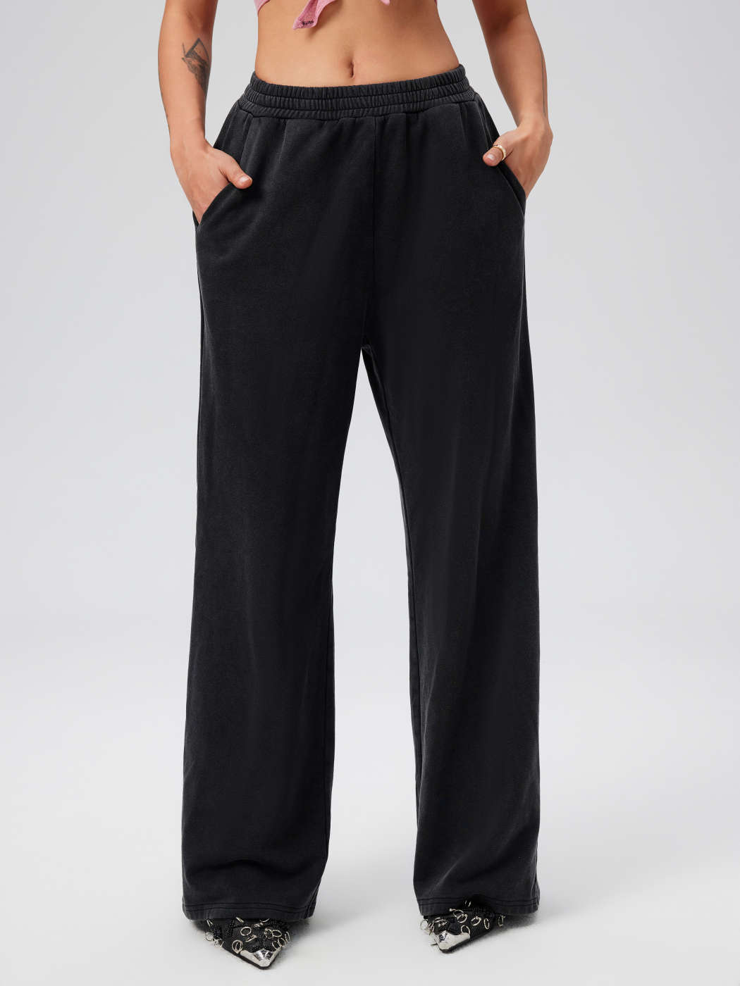 Terry Mid Rise Solid Pocket Wide Leg Sweatpants - Cider