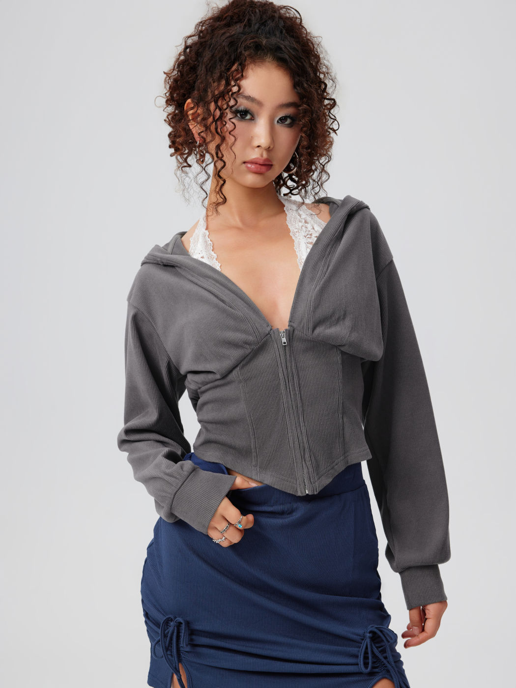 Rib Lace Halter Contrasting Binding Hoodie