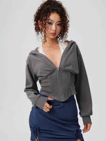 Rib Lace Halter Contrasting Binding Hoodie