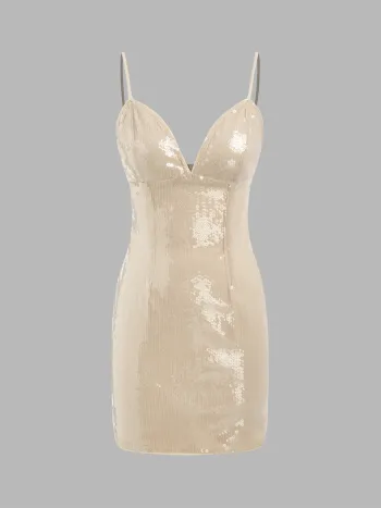  Vestido Mini con Lentejuelas y Escote en V