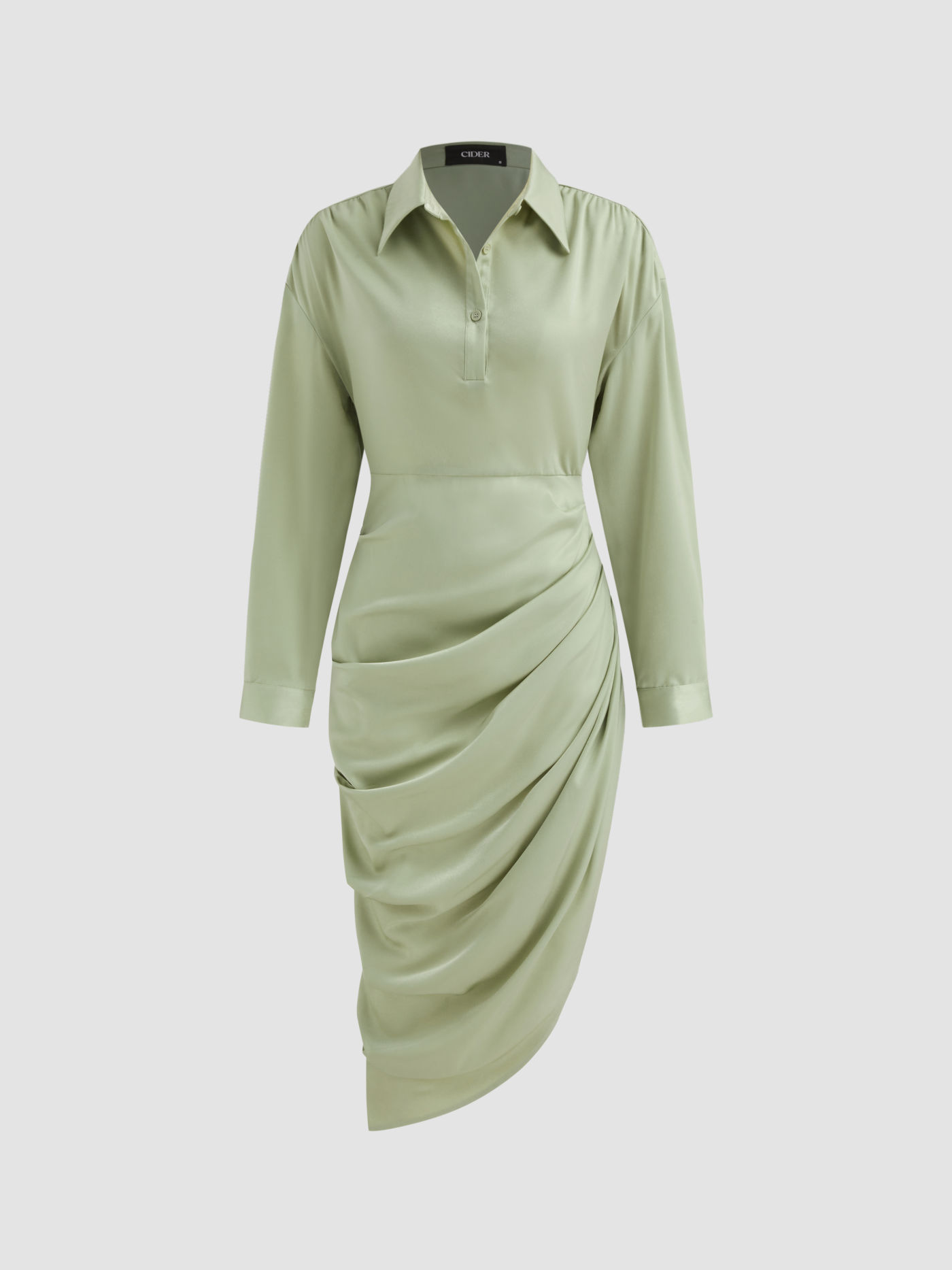 Collar Ruched Asymmetrical Solid Midi Dress
