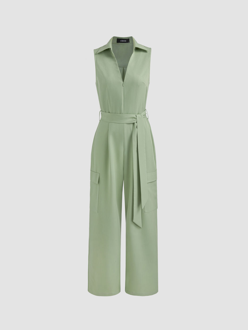 Woven Collar Pocket Solid Straight Leg Jumpsuit With Belt