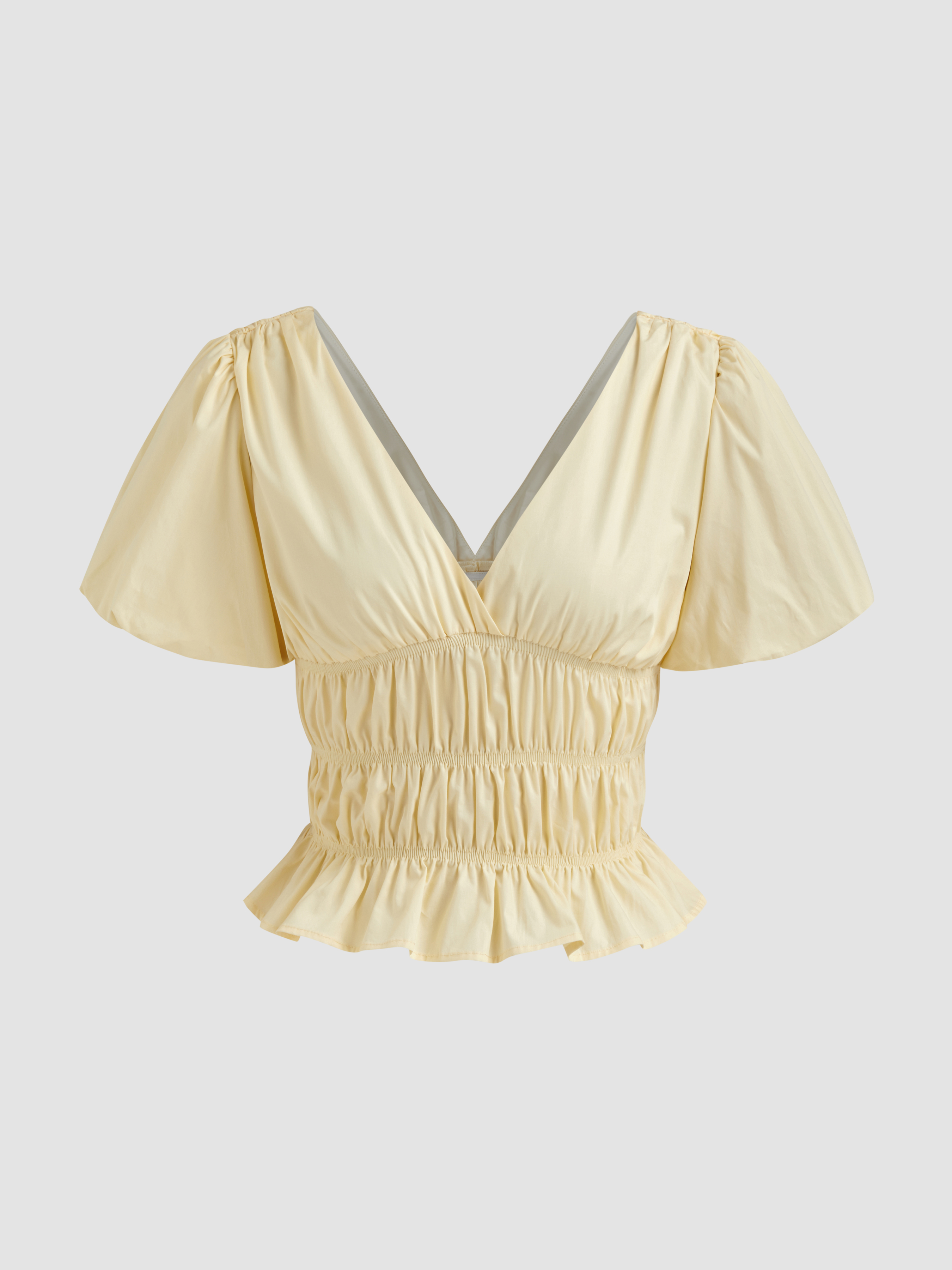 Woven V-neck Solid Shirred Ruffle Hem Puff Sleeve Blouse For Vacation