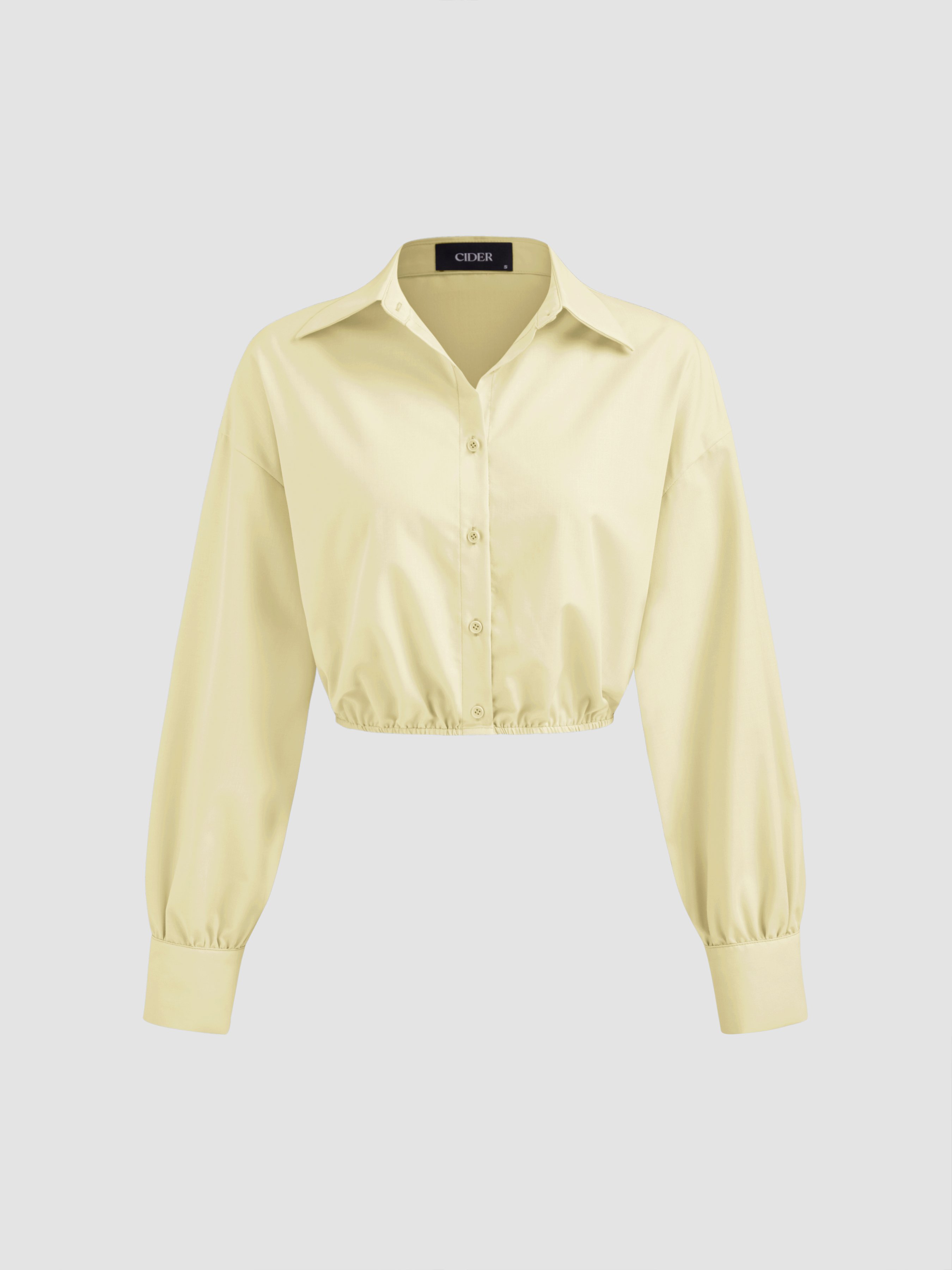 Contrast Collar Solid Woven Long Sleeve Top