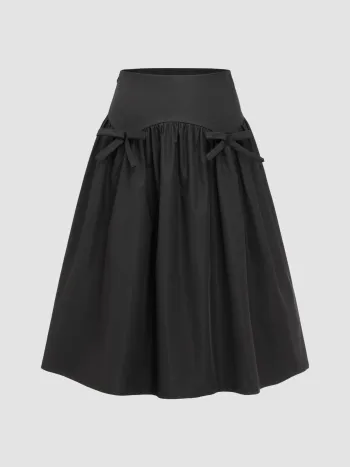 Mid Rise Bowknot Ruffle Solid Midi Skirt