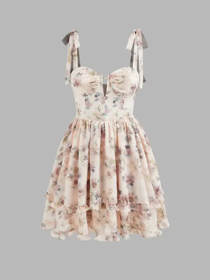 Sun Dresses Floral Dress Mini Dresses Coquette Valentine Chiffon Chiffon  Floral Bowknot Layered Ruffle Hem Mini Dress For Date Vacation