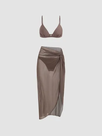 V-neck Solid Triangle Bikini Set With Sarong