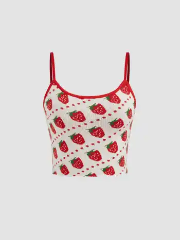 Gestricktes Cami-Top mit U-Ausschnitt und Erdbeermuster