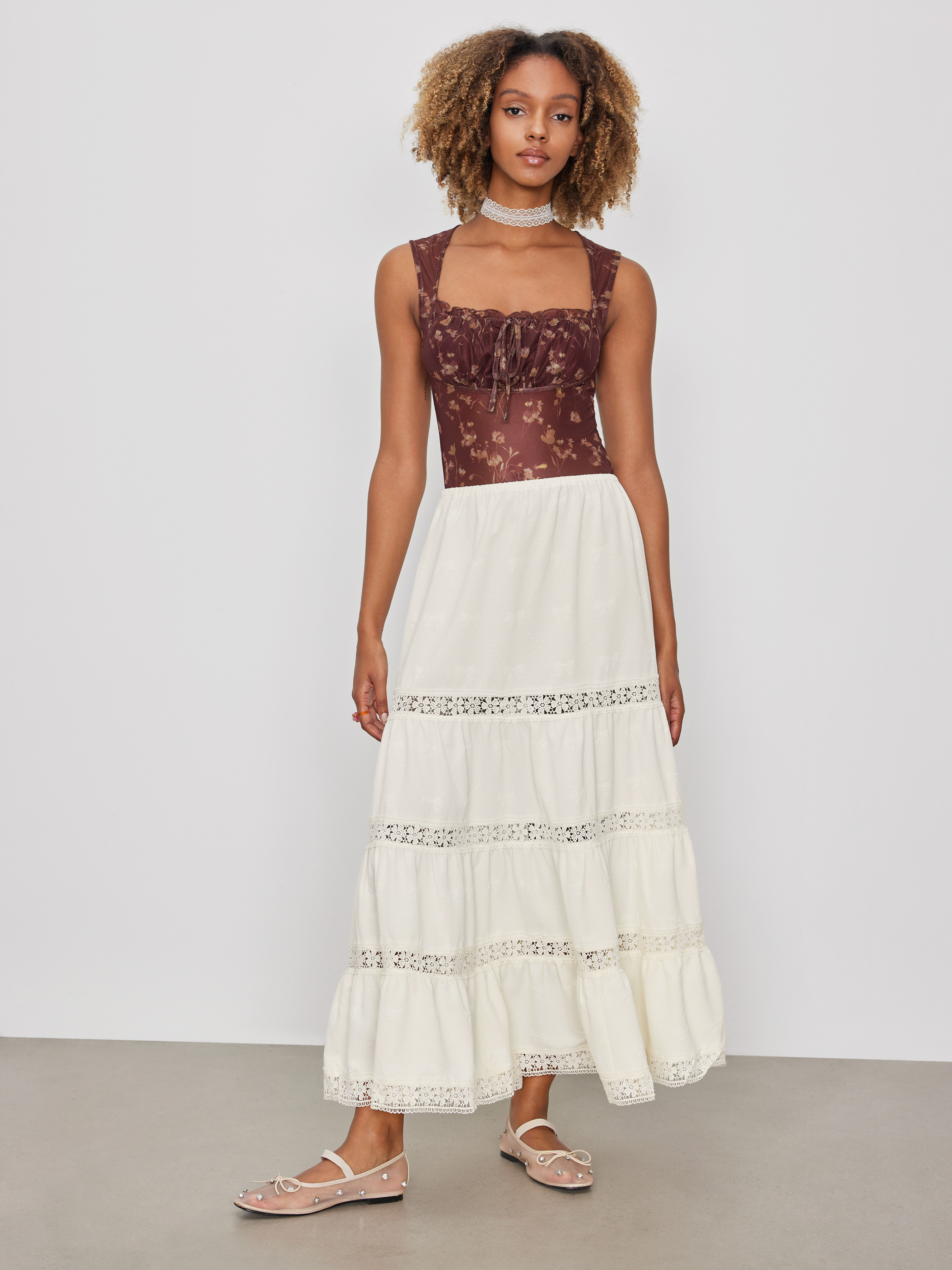 Long Skirts Woven Woven Mid Rise Floral Ruffle Hem Tiered