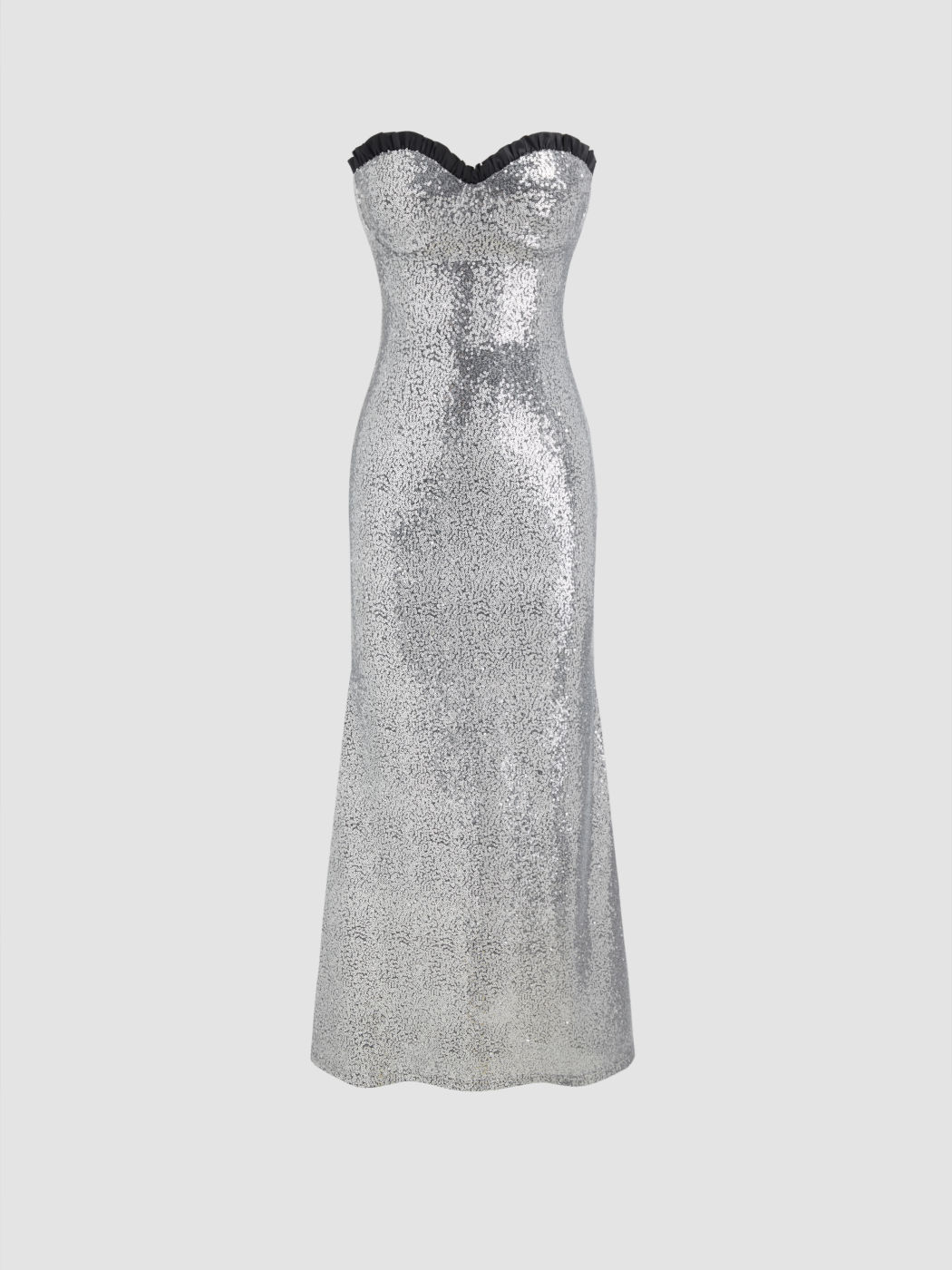 Sequin Strapless Contrasting Binding Lettuce Trim Maxi Dress
