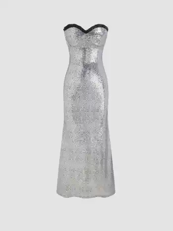 Sequin Strapless Contrasting Binding Lettuce Trim Maxi Dress