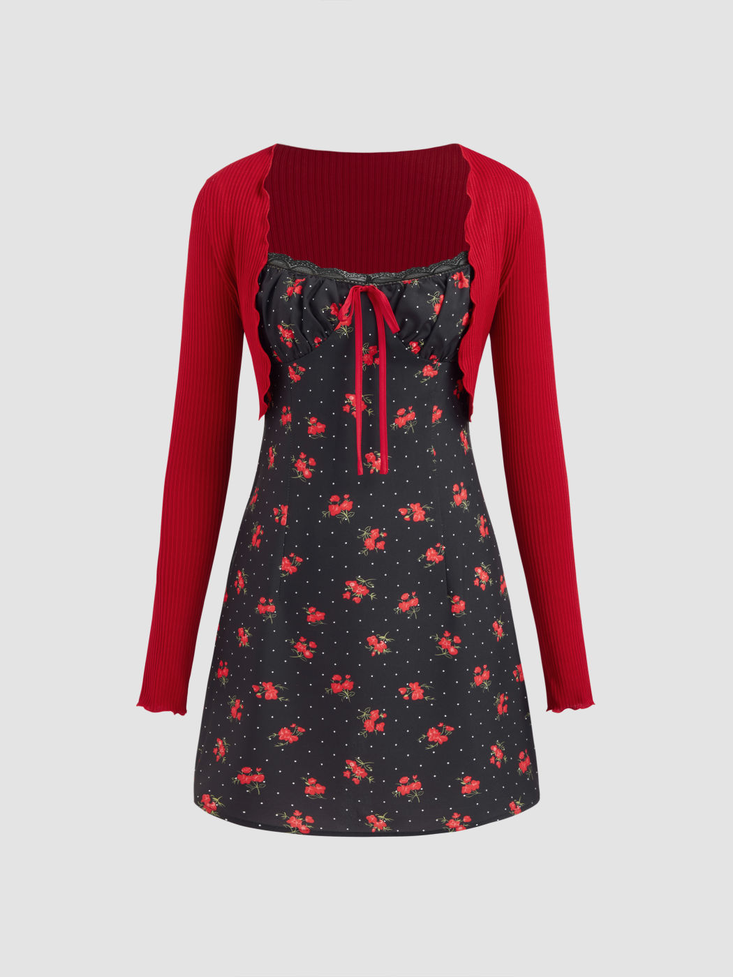 Solid Long Sleeve Shrug & Floral Bowknot Mini Dress