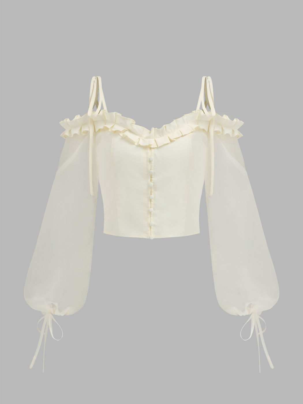 Schulterfreie Bluse mit Rüschenbesatz und langen Ärmeln