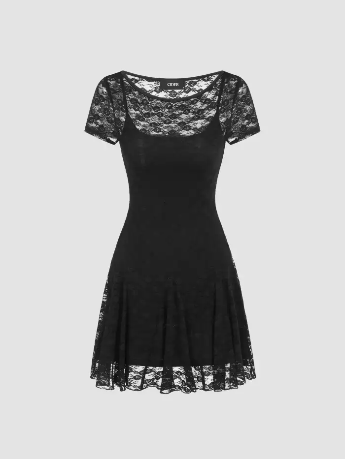 Sun Dresses Lace Floral Lace Scoop Neckline Solid Two Piece Mini Dress For  Date