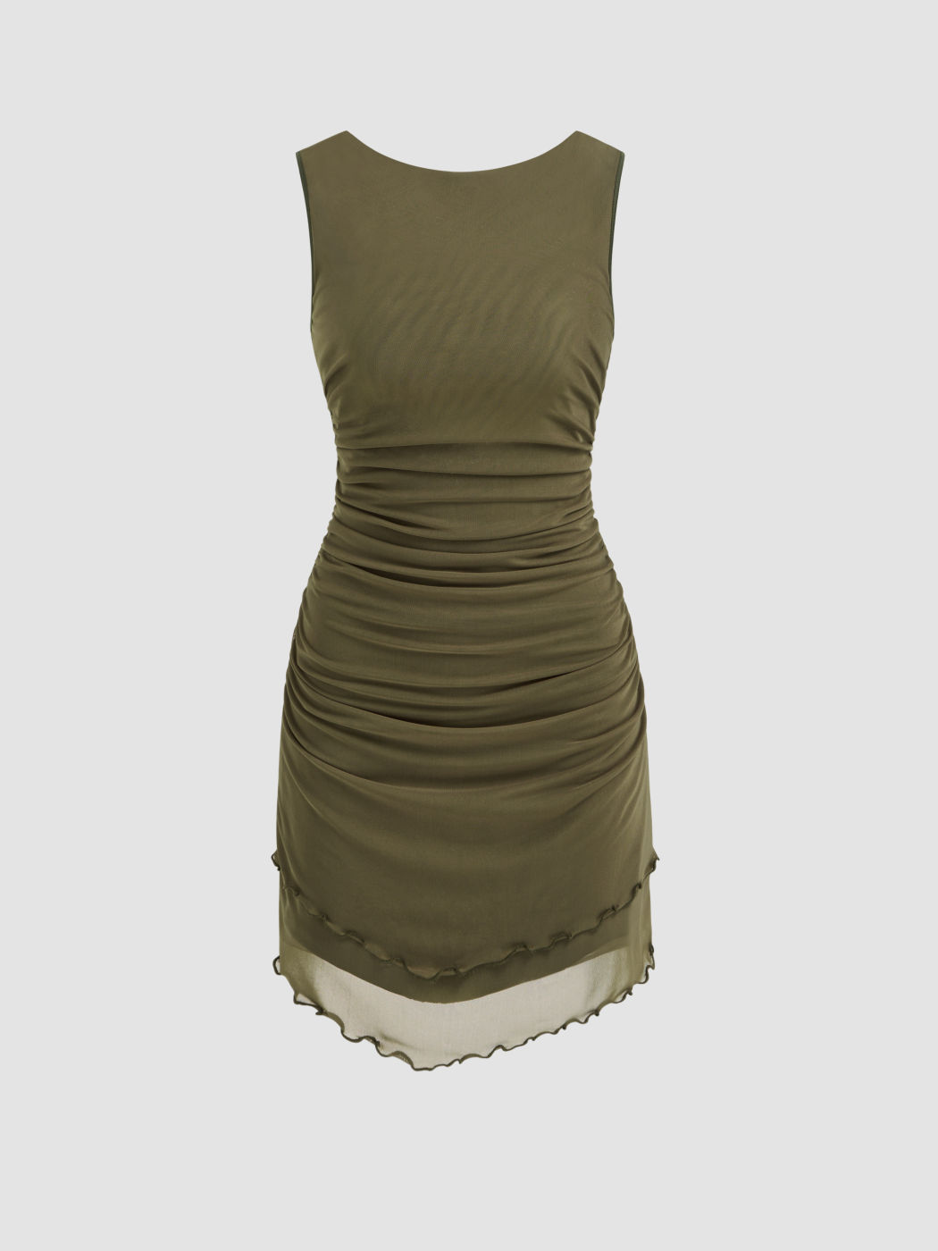 Robe Mini Solide Dos Nu Froncée à Col Rond