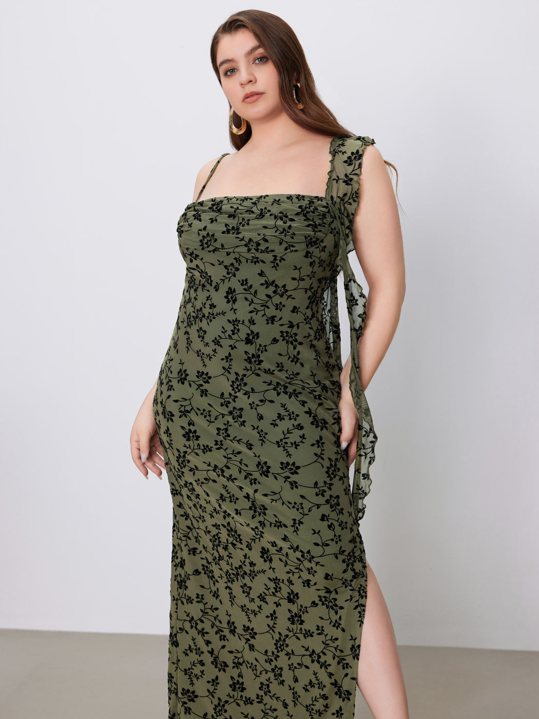 Mesh Asymmetrical Neck Ruffle Hem Floral Maxi Dress Curve & Plus