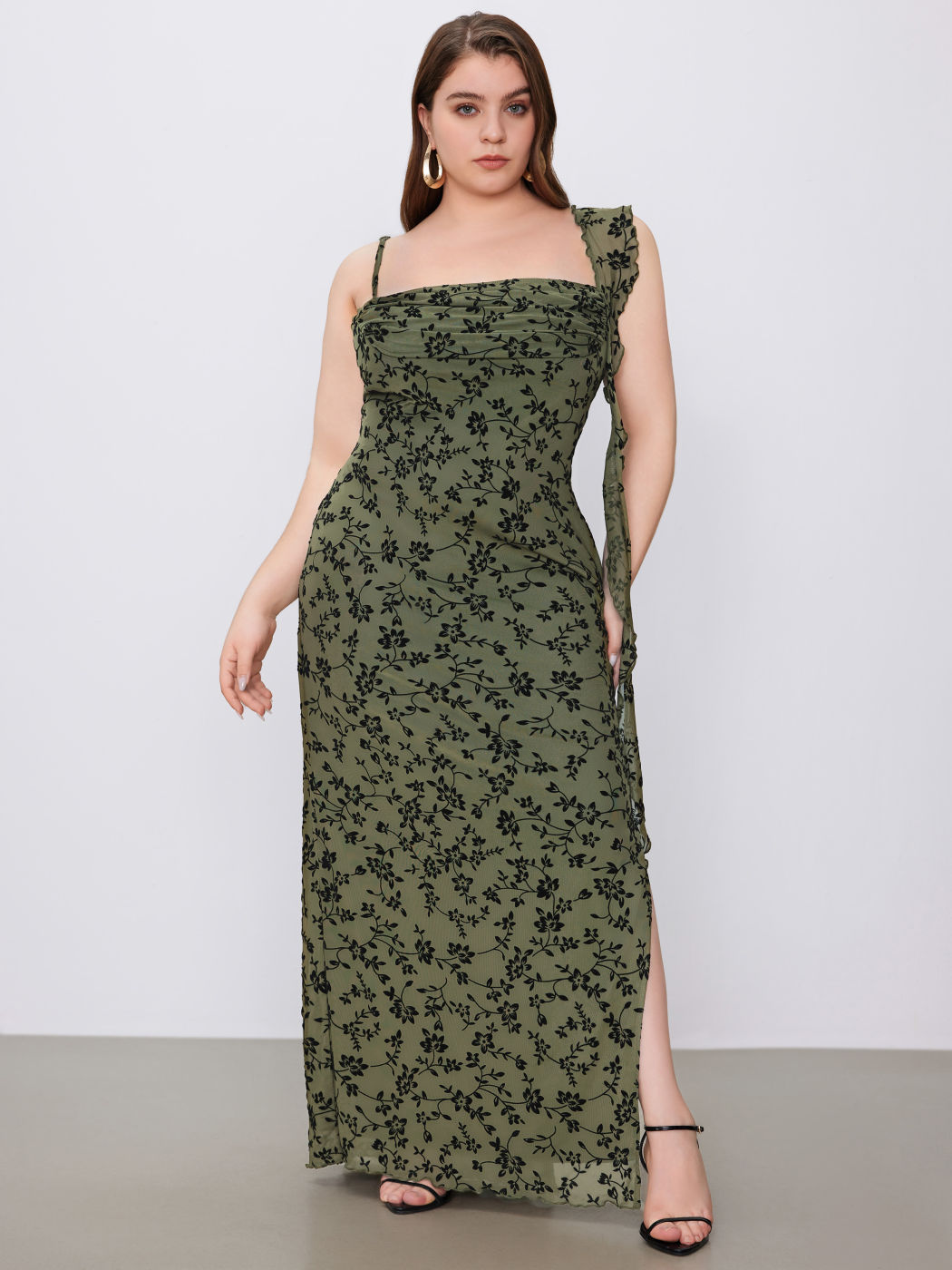 Mesh Asymmetrical Neck Ruffle Hem Floral Maxi Dress Curve & Plus