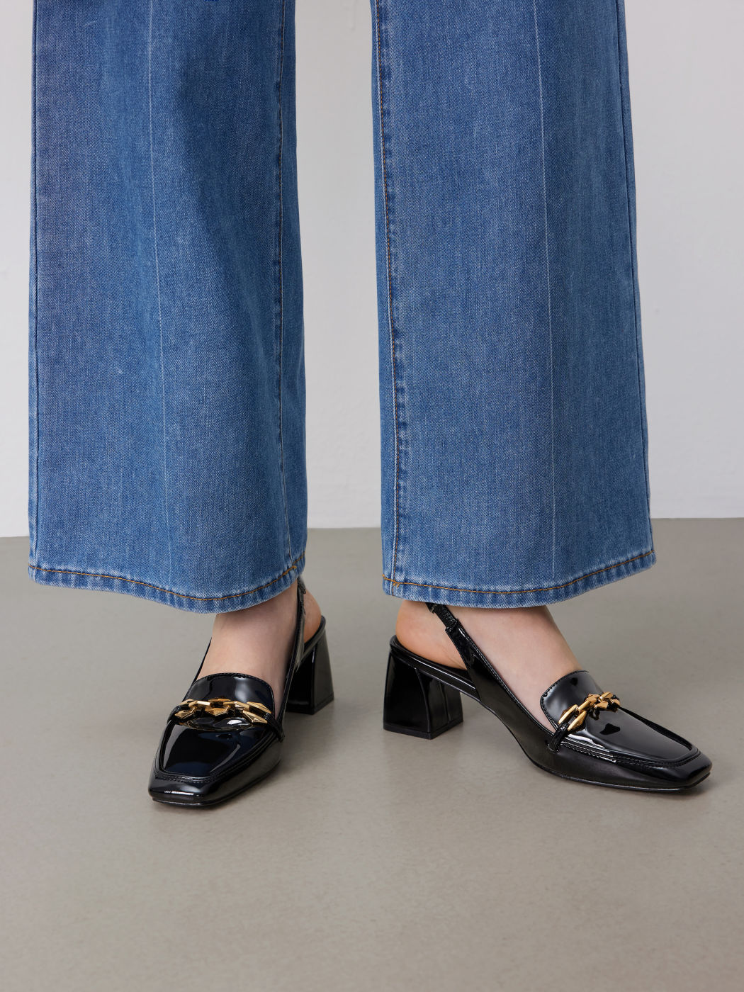 Horsebit Square Toe Slingback Chunky Heels
