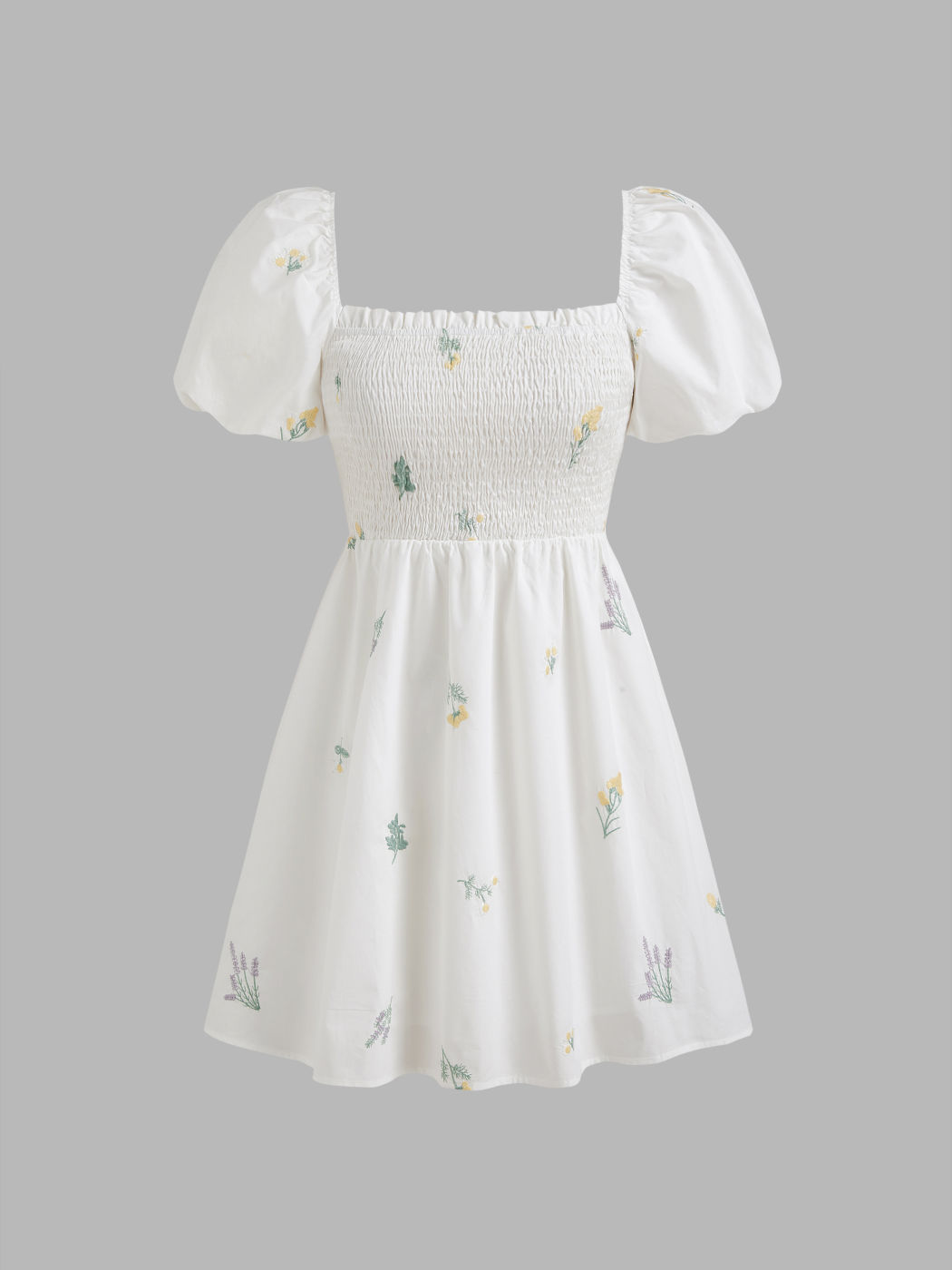 Square Neck Shirred Floral Puff Sleeve Mini Dress