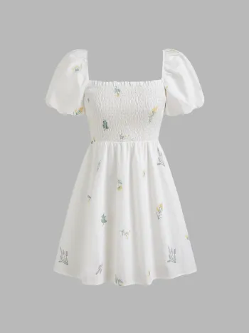 Quadratischer Ausschnitt Gerafftes Blumen Puffärmel Minikleid