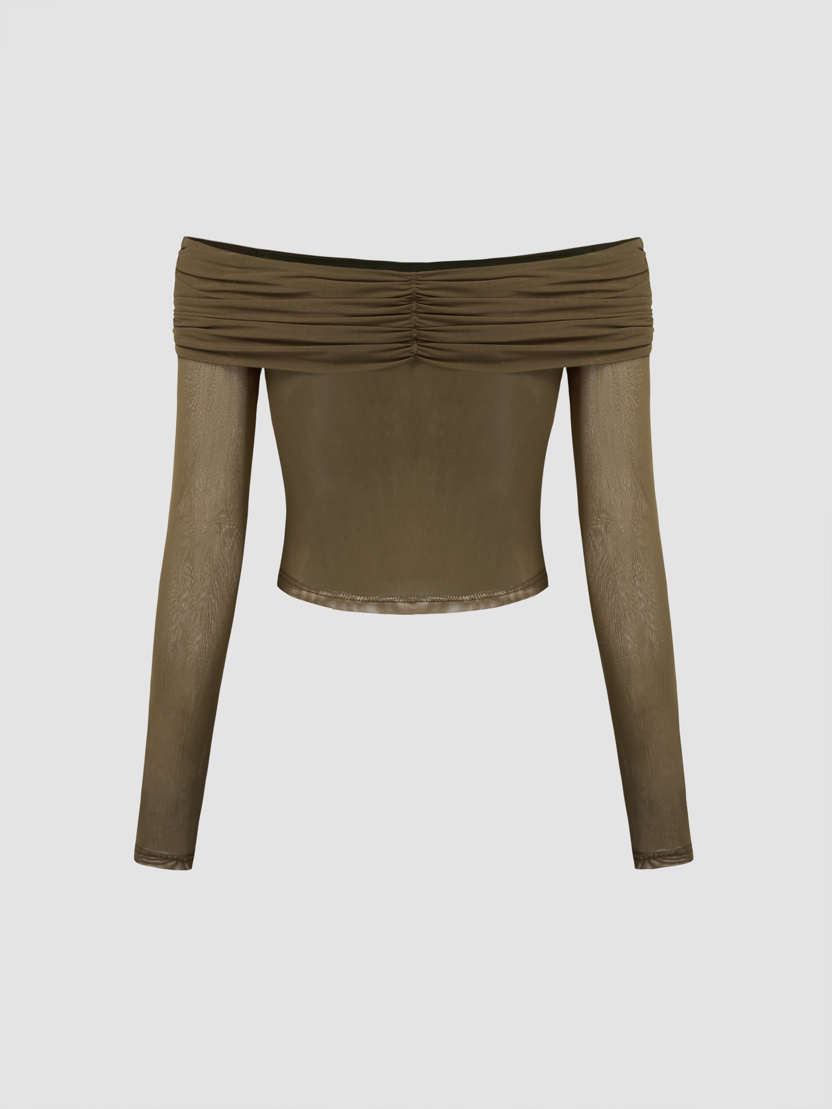 Mesh Mesh Off-shoulder Criss Cross Ruched Crop Long Sleeve