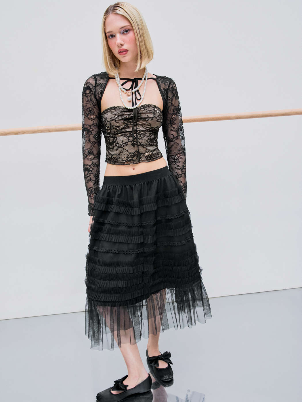 Mesh Woven Tulle Mid Rise Ruffle Midi Skirt For Date