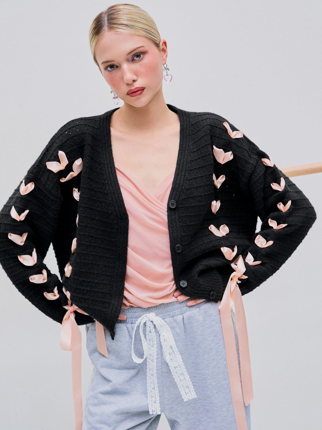 Jacquard V-neck Lace up Cardigan