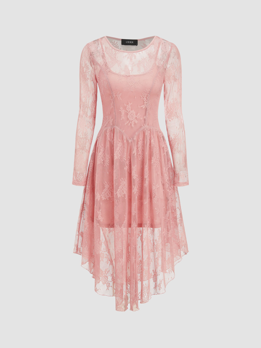 Lace Round Neck Tulle Asymmetrical Hem Midi Dress & Solid Cami Mini Dress