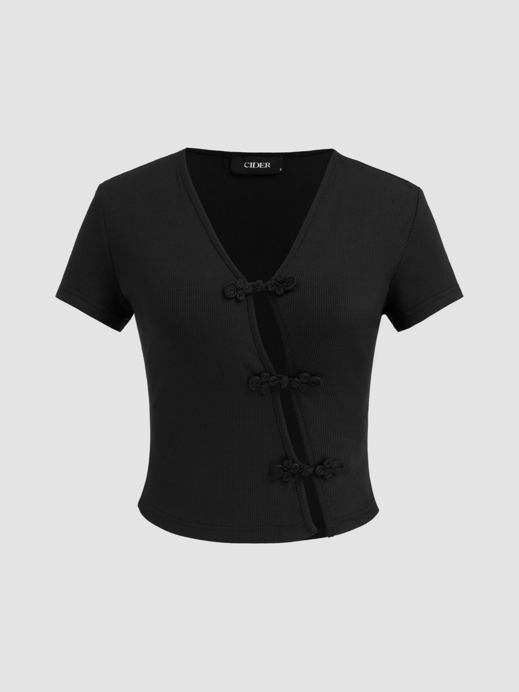 V-neck Solid Cheongsam Button Short Sleeve Tee